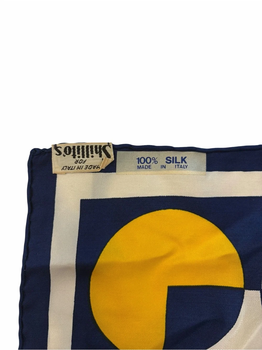 Silk Scarf Hand Rolled Edges 26” Blue Yellow White Geometric Dots STAINS Italy